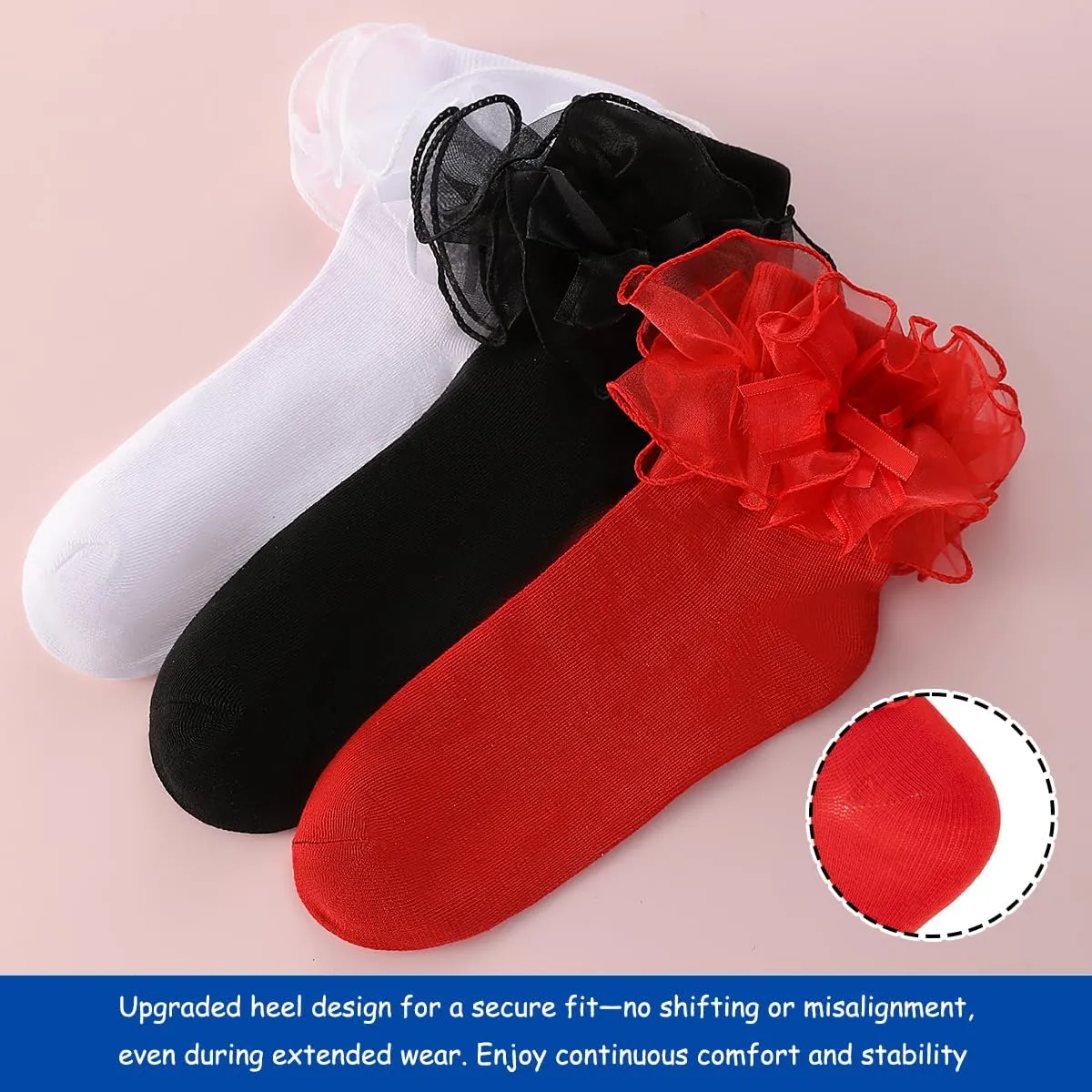 Dicry Women's Big Ruffle Socks with Bows Double Lace Turn Cuff (Size 9-11, 3 Pairs)