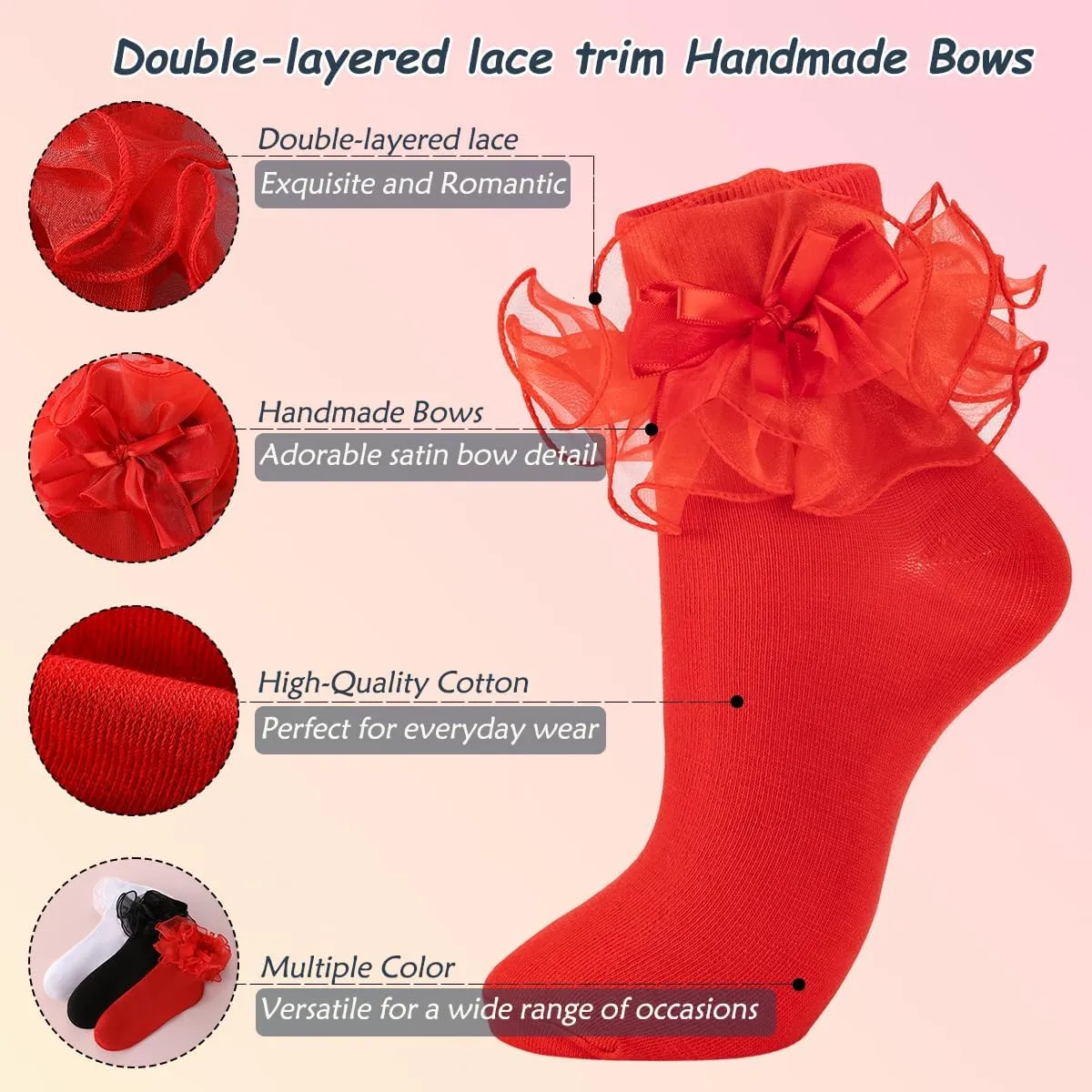 Dicry Women's Big Ruffle Socks with Bows Double Lace Turn Cuff (Size 9-11, 3 Pairs)