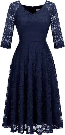 Dressystar Womens Long-Sleeve Wedding Guest Dress A-Line Lace Formal Party Cocktail Midi Dress Prom Gown