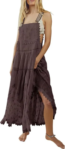 ebossy Women's Laced Embroidered Tulle Bib Dress Casual Loose Adjustable Straps Maxi Dress
