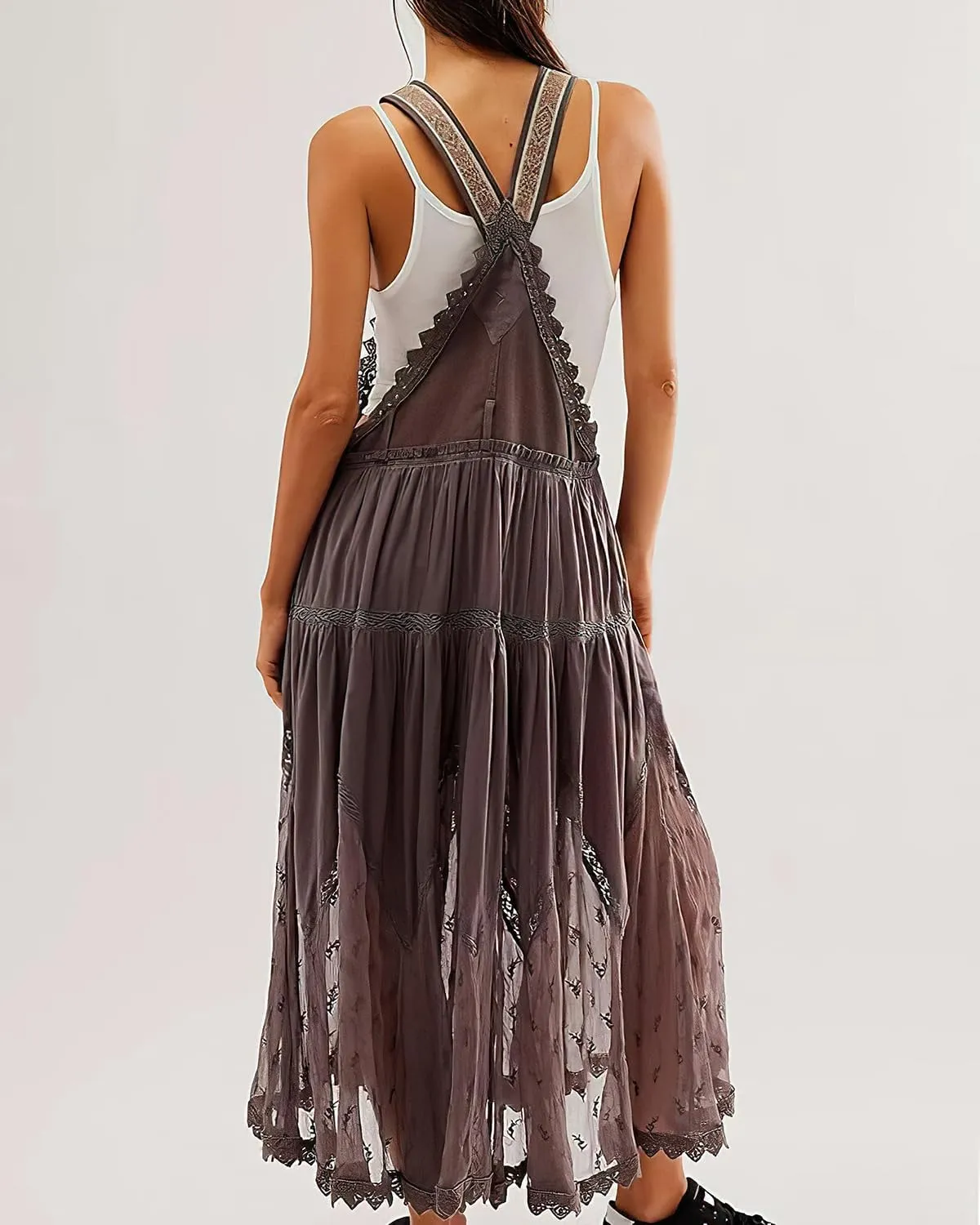 ebossy Women's Laced Embroidered Tulle Bib Dress Casual Loose Adjustable Straps Maxi Dress