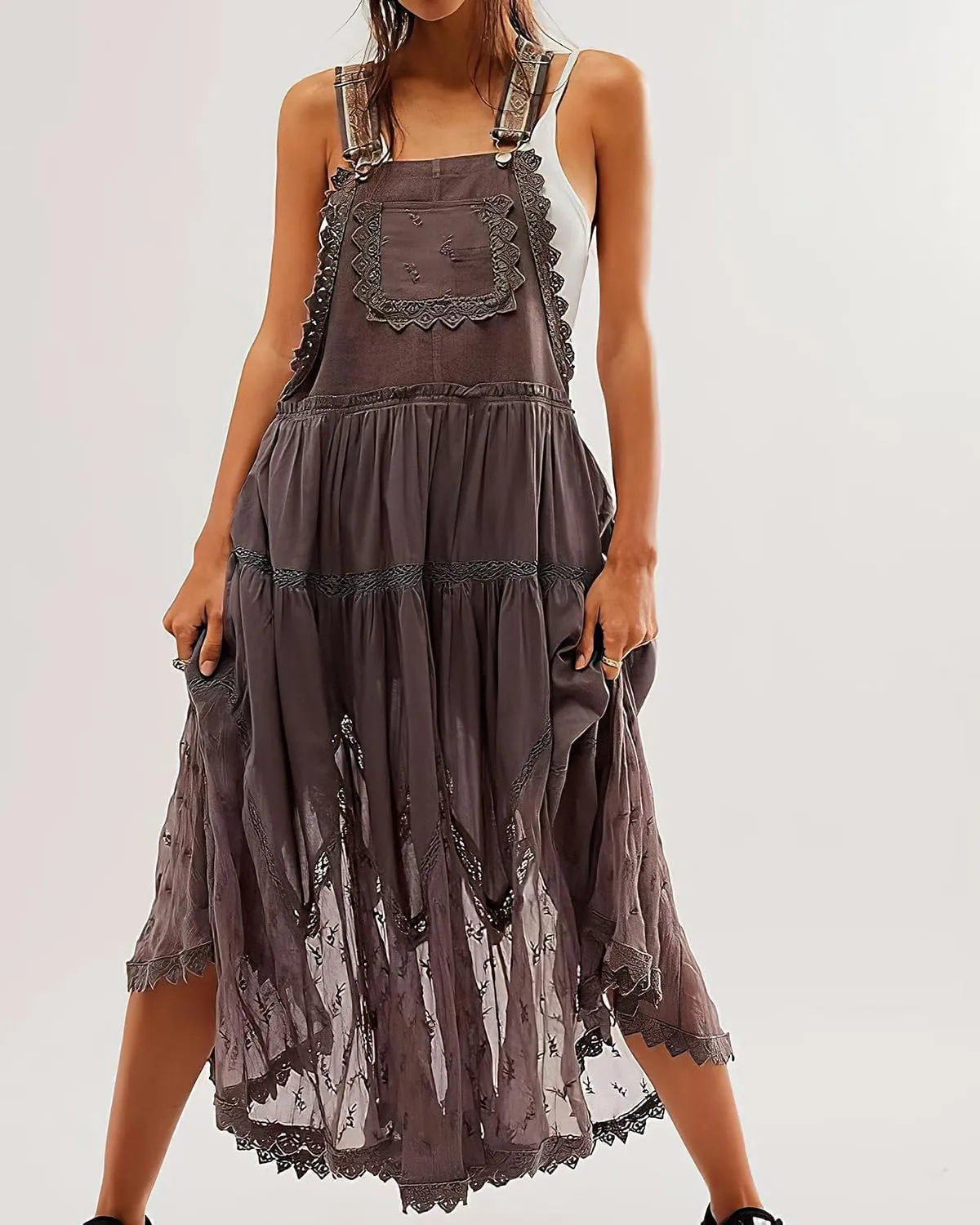 ebossy Women's Laced Embroidered Tulle Bib Dress Casual Loose Adjustable Straps Maxi Dress