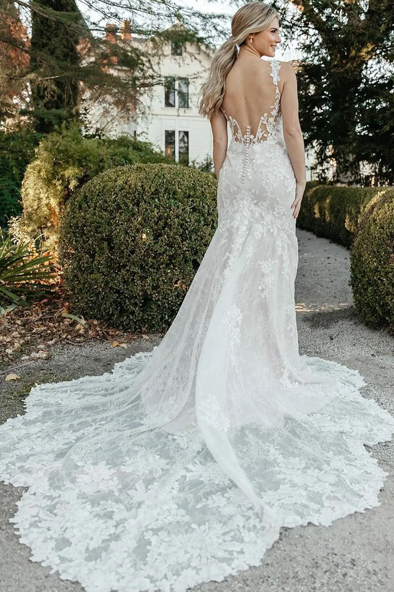 Elegant Mermaid Scoop Neck Lace Wedding Dresses with Slit VK073196