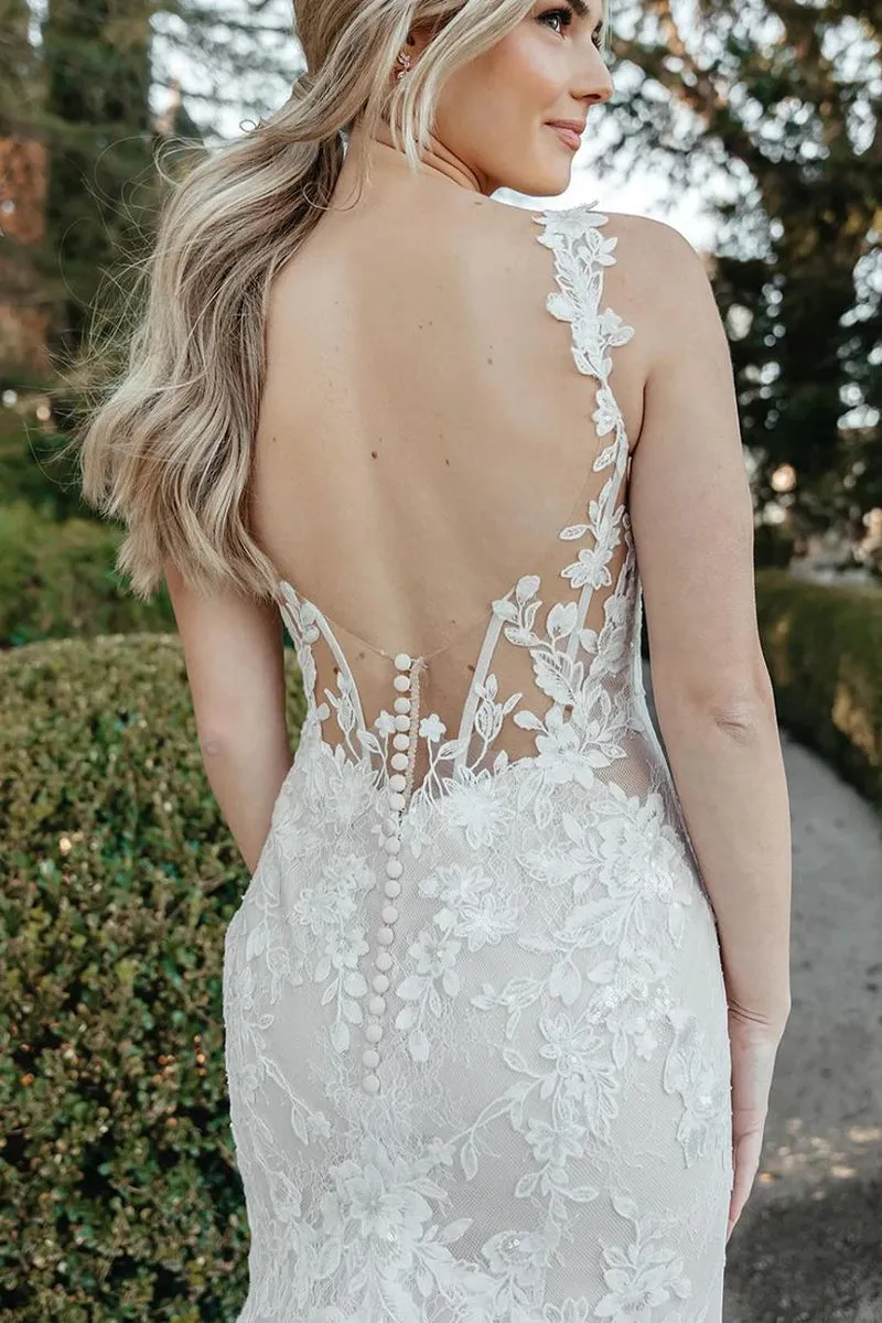 Elegant Mermaid Scoop Neck Lace Wedding Dresses with Slit VK073196