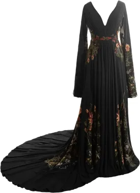 Embroidery Lace Floral Wedding Dresses for Bride 2024 Chiffon Long Sleeve V Neck Boho Bridal Gowns with Train