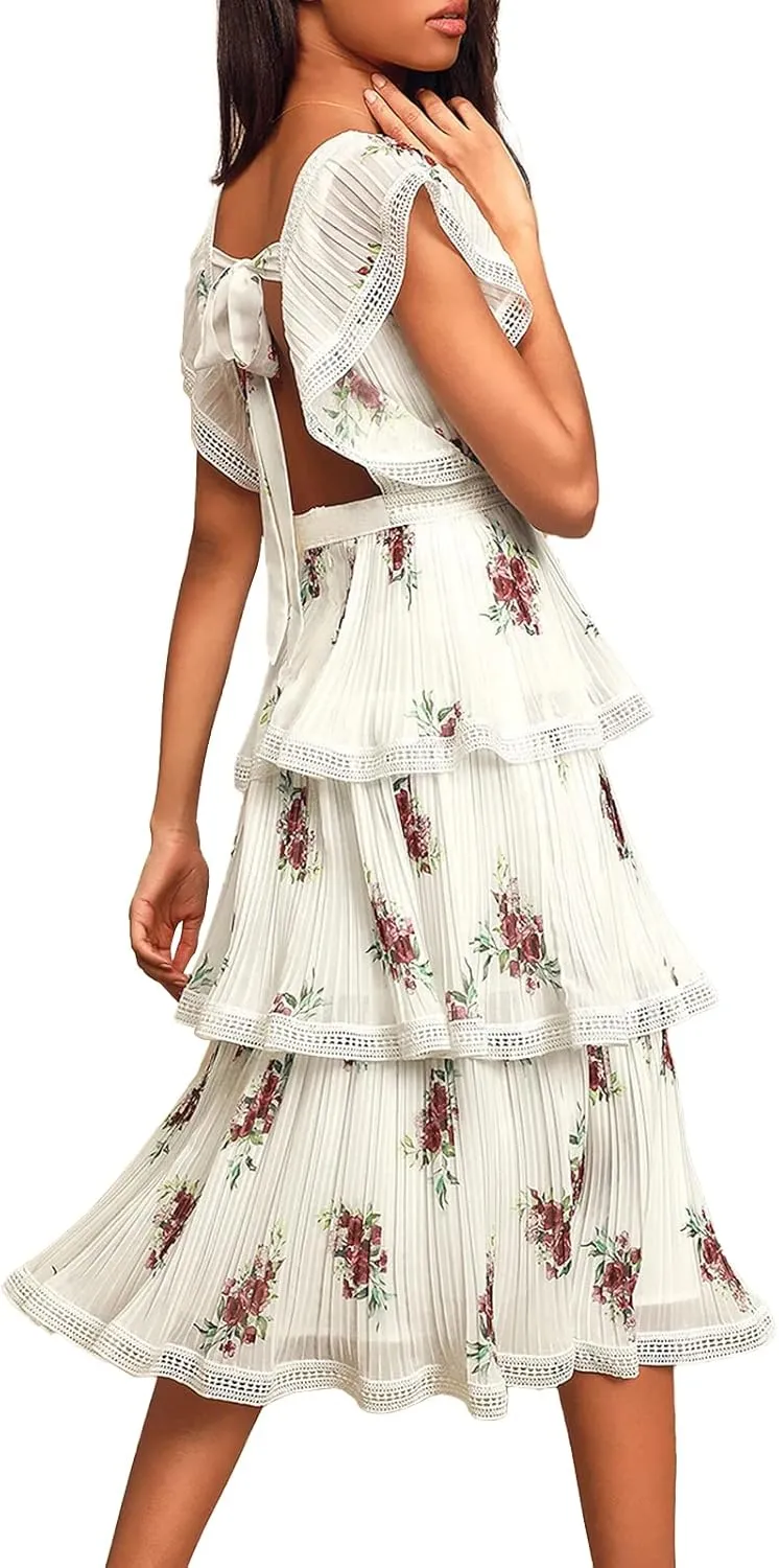 ETCYY Women's Summer Ruffle Dress Tiered Layed Chiffon Lace Short Sleeve Boho Floral Print Party Wedding Guest Maxi Dresses