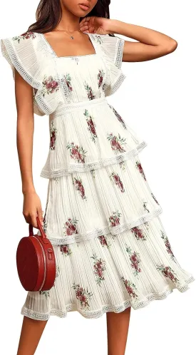 ETCYY Women's Summer Ruffle Dress Tiered Layed Chiffon Lace Short Sleeve Boho Floral Print Party Wedding Guest Maxi Dresses