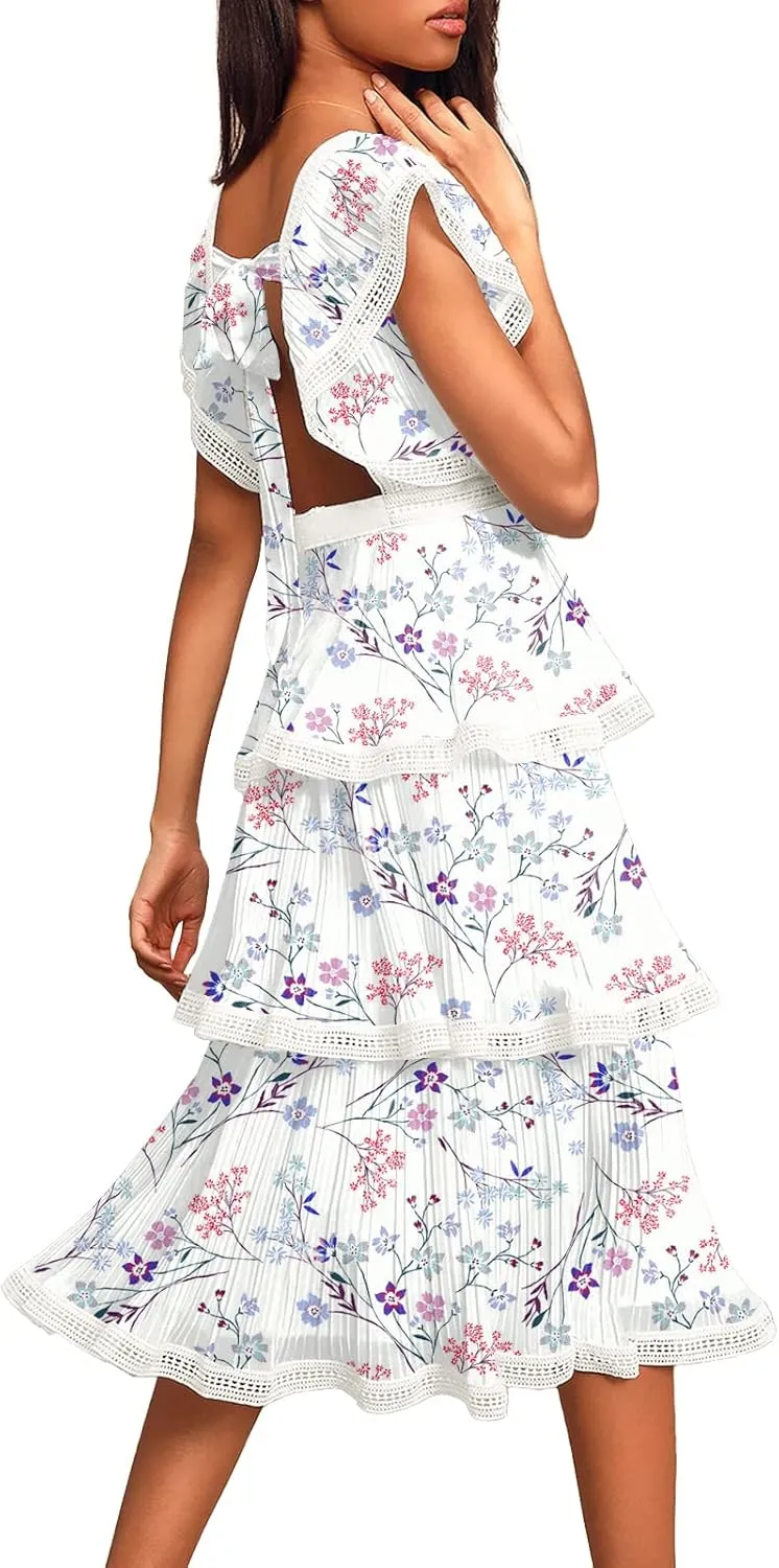 ETCYY Women's Summer Ruffle Dress Tiered Layed Chiffon Lace Short Sleeve Boho Floral Print Party Wedding Guest Maxi Dresses
