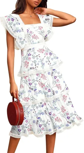 ETCYY Women's Summer Ruffle Dress Tiered Layed Chiffon Lace Short Sleeve Boho Floral Print Party Wedding Guest Maxi Dresses