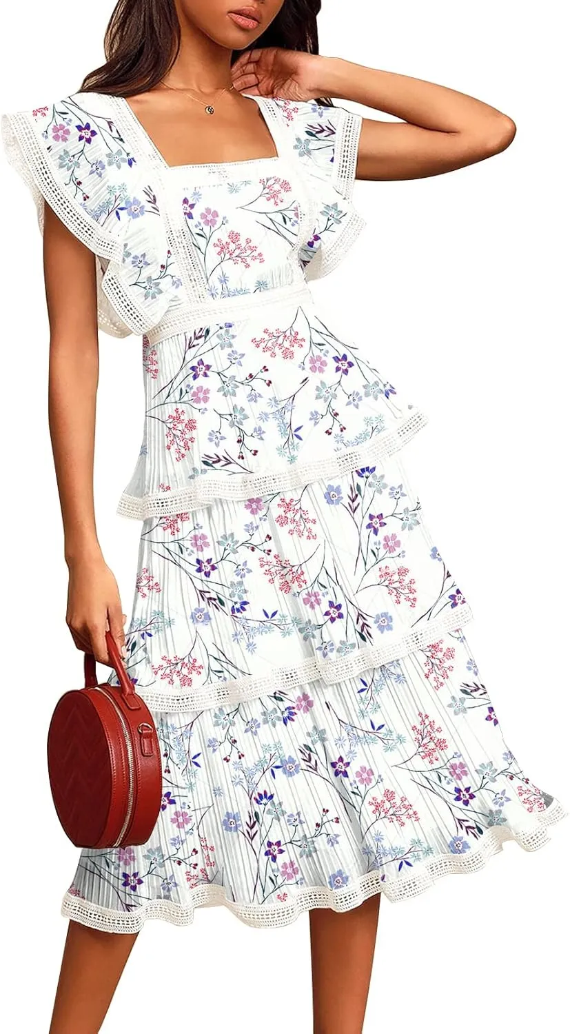 ETCYY Women's Summer Ruffle Dress Tiered Layed Chiffon Lace Short Sleeve Boho Floral Print Party Wedding Guest Maxi Dresses