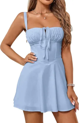 GLNEGE Women's Summer Corset Mini Graduation Dress Lace Up Backless A-line Flowy Sundress Going Out Trendy Party Dresses