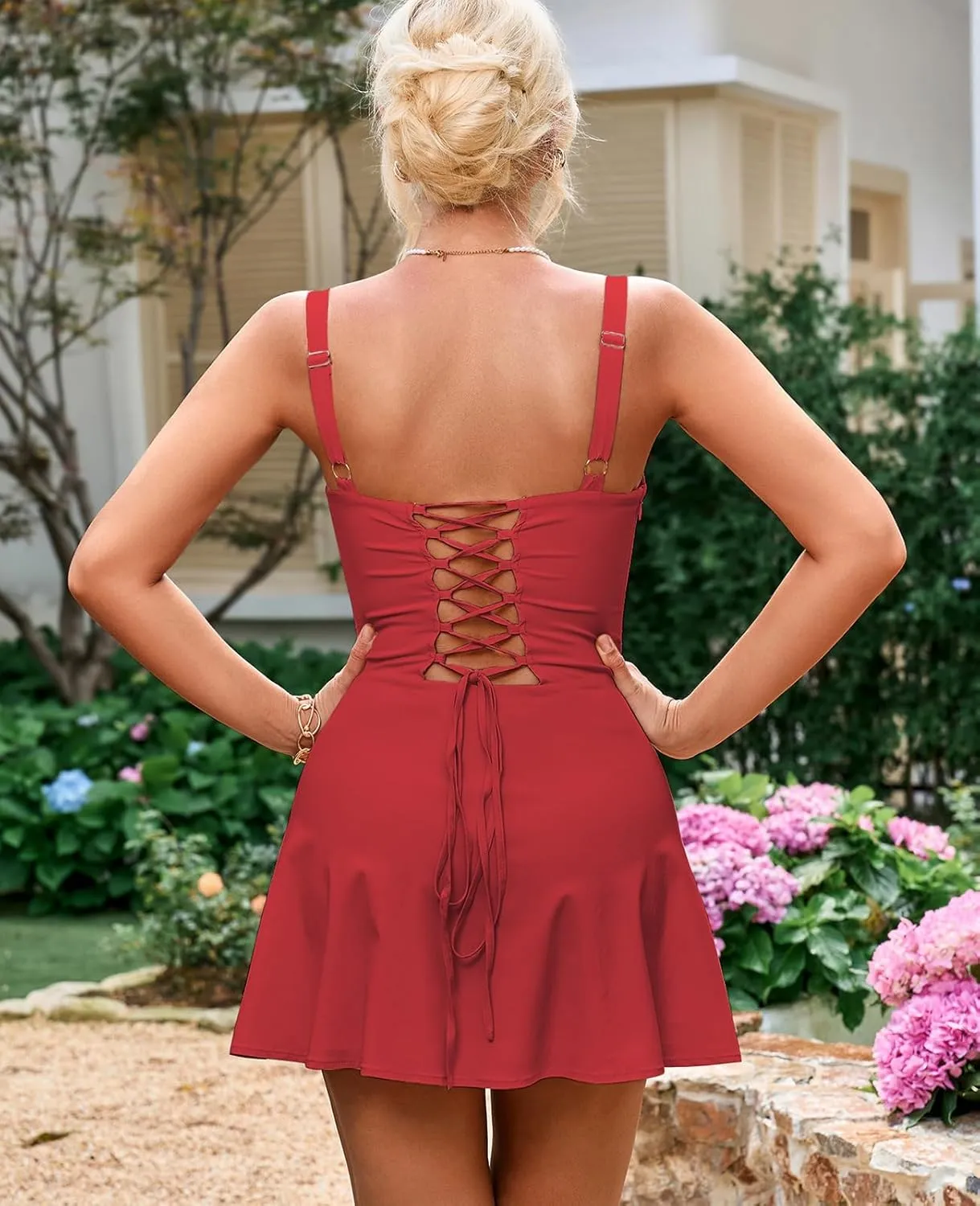 GLNEGE Women's Summer Corset Mini Graduation Dress Lace Up Backless A-line Flowy Sundress Going Out Trendy Party Dresses