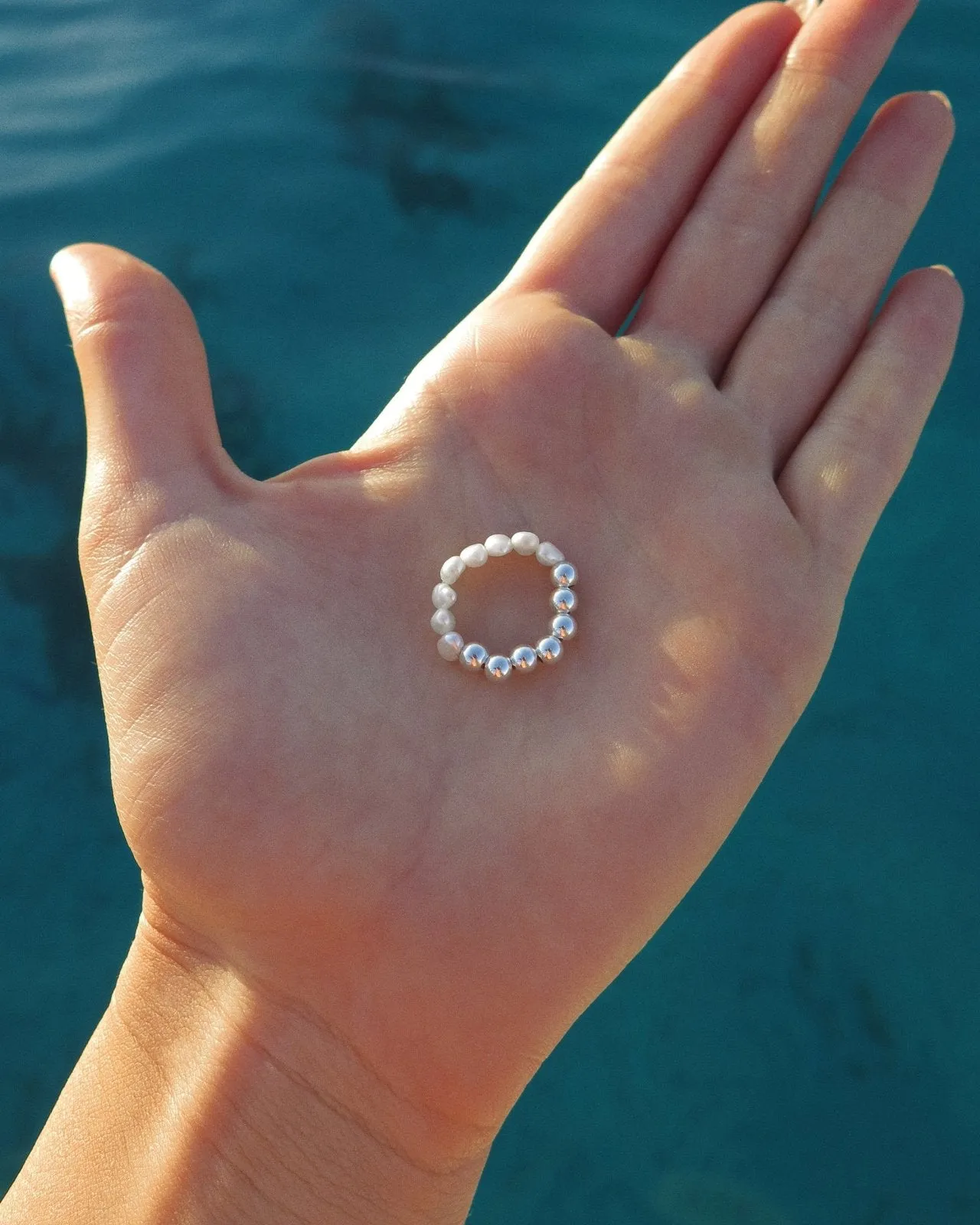 Half Freshwater Pearl Beaded Ring  - Sterling Silver
