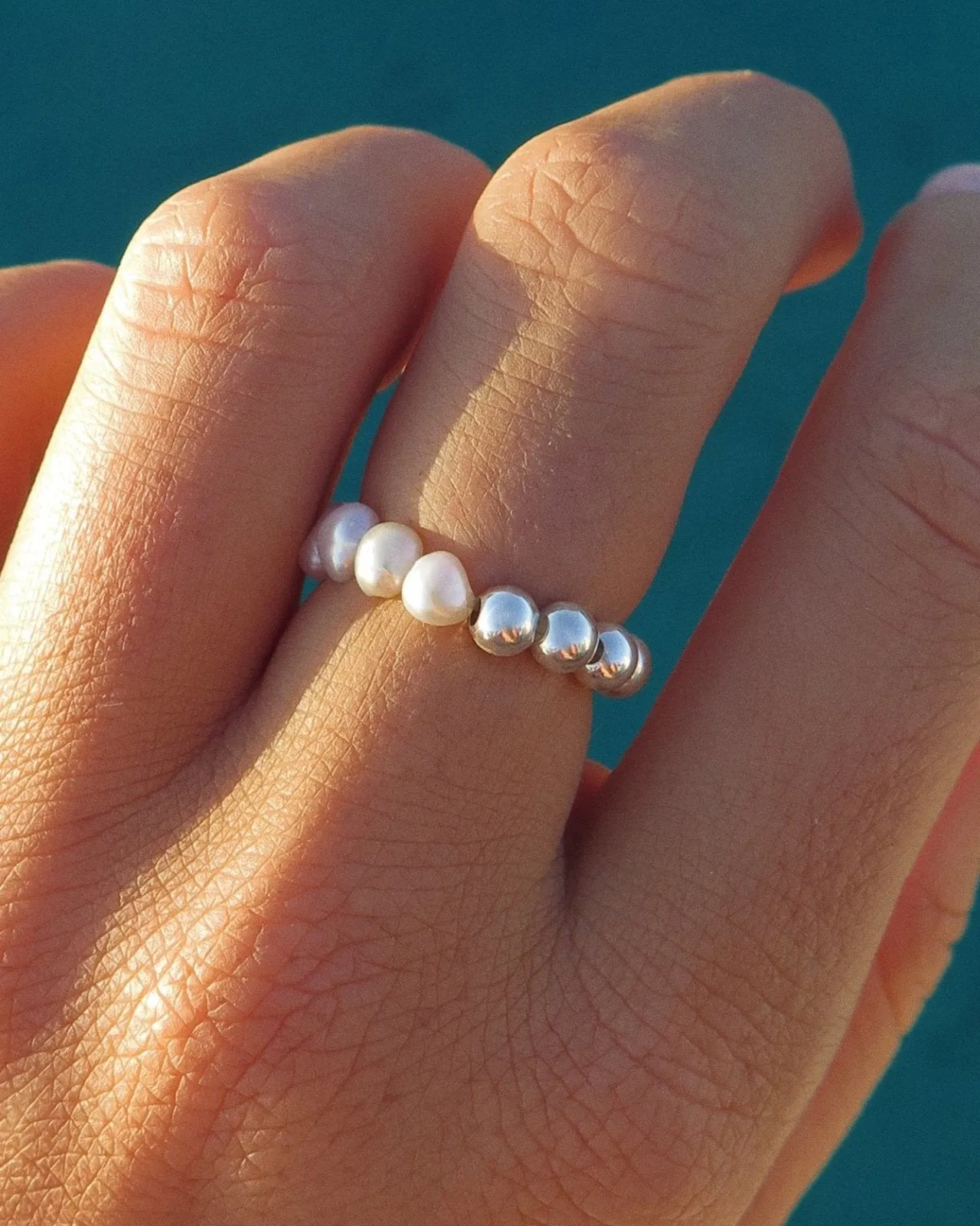 Half Freshwater Pearl Beaded Ring  - Sterling Silver