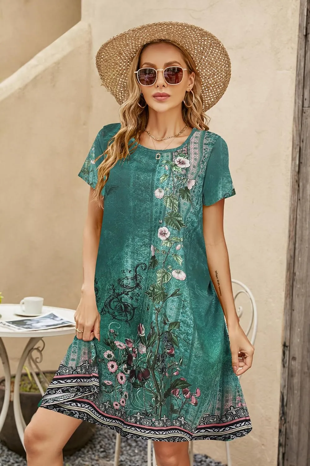 Halife Womens Summer Casual Tshirt Dress Loose Lace Hem Short Sleeve Beach Sundresses with Pockets