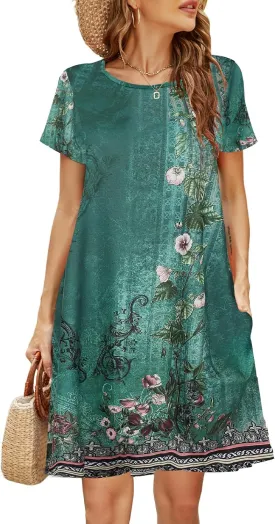 Halife Womens Summer Casual Tshirt Dress Loose Lace Hem Short Sleeve Beach Sundresses with Pockets