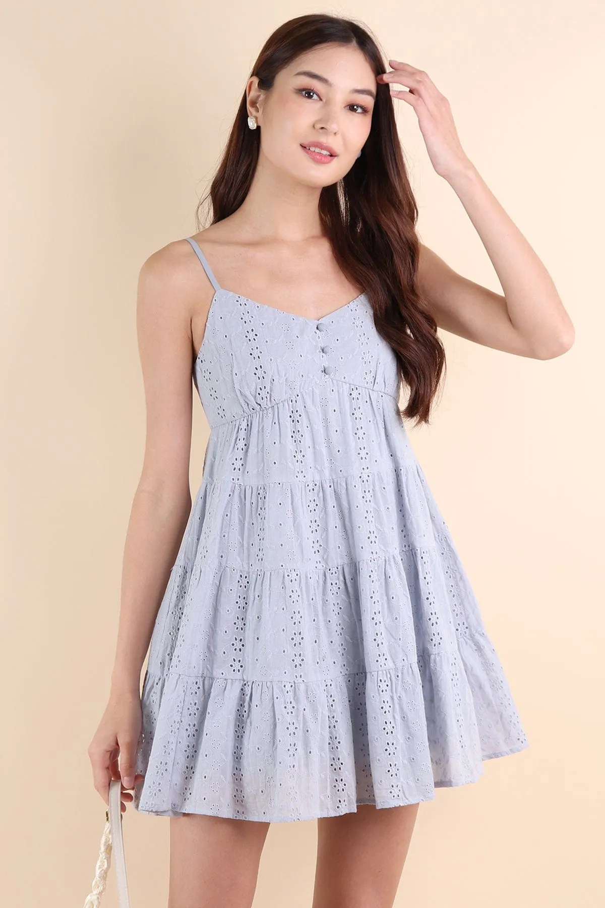 JEMMA EYELET MINI DRESS IN PERI BLUE