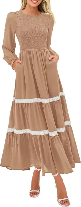 KIRUNDO Womens Smocked Long Sleeve Maxi Dress Wedding Guest Spring Fall Boho Tiered Lace Trim Flowy Long Dresses Pockets