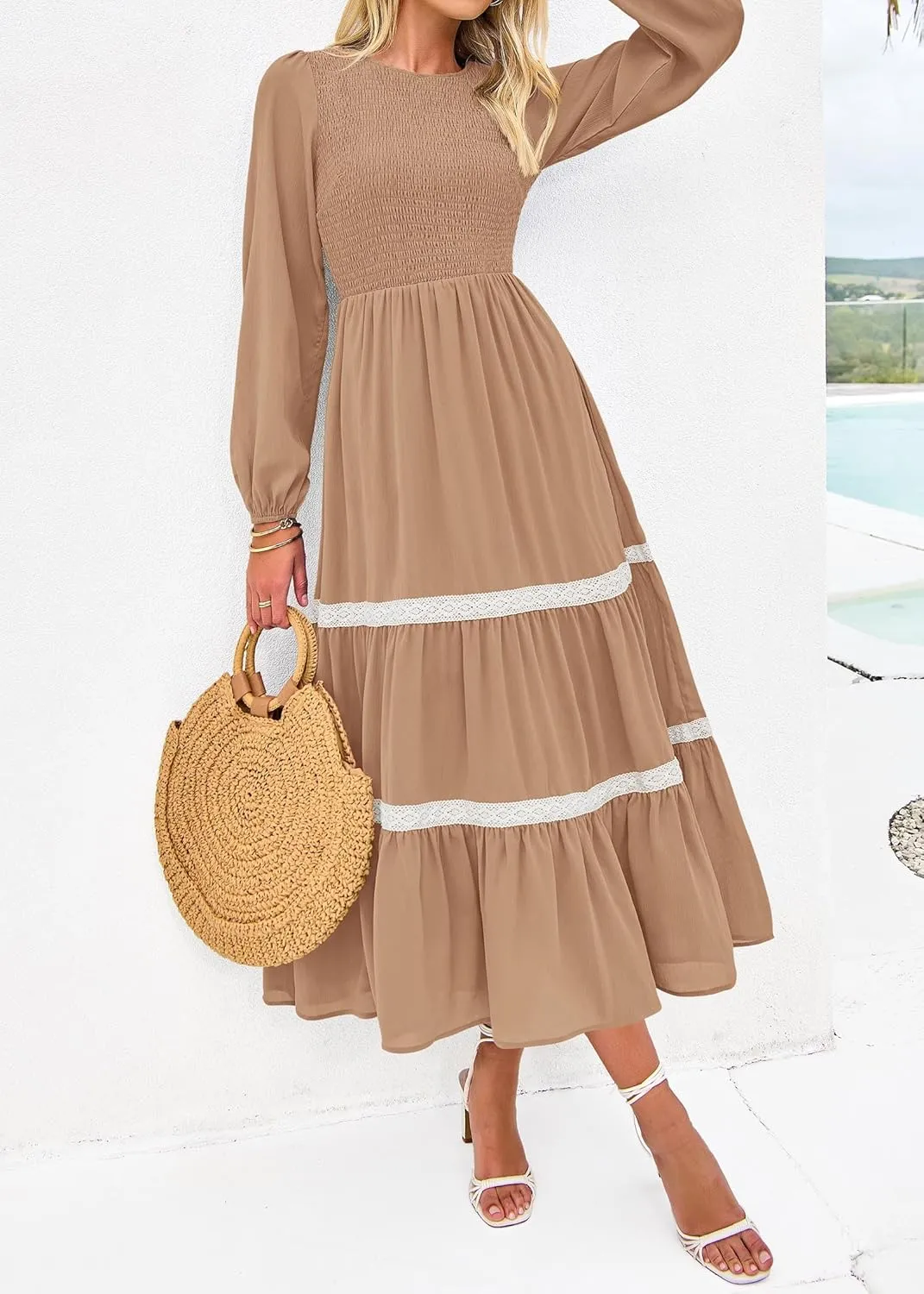 KIRUNDO Womens Smocked Long Sleeve Maxi Dress Wedding Guest Spring Fall Boho Tiered Lace Trim Flowy Long Dresses Pockets