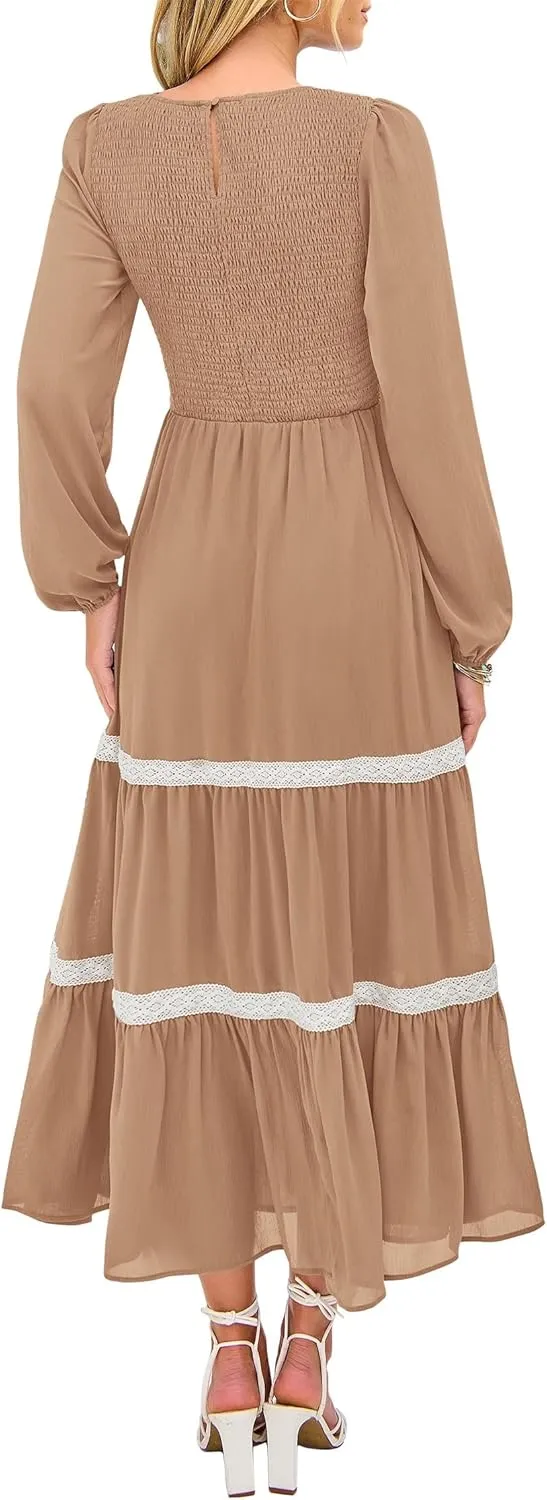 KIRUNDO Womens Smocked Long Sleeve Maxi Dress Wedding Guest Spring Fall Boho Tiered Lace Trim Flowy Long Dresses Pockets