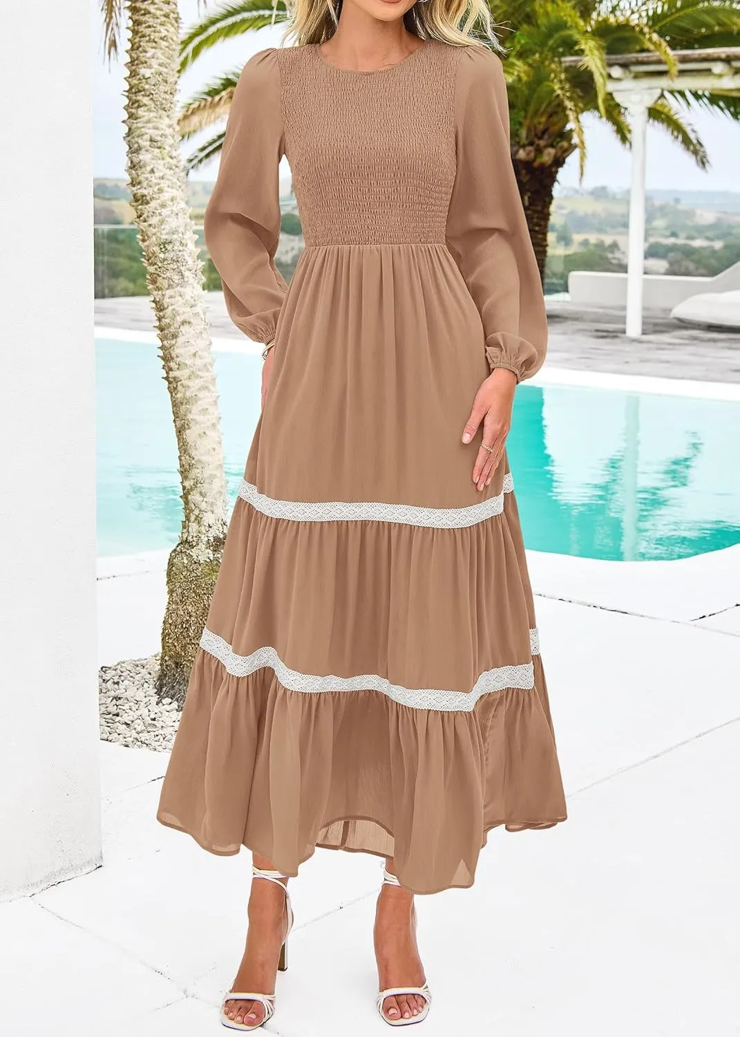 KIRUNDO Womens Smocked Long Sleeve Maxi Dress Wedding Guest Spring Fall Boho Tiered Lace Trim Flowy Long Dresses Pockets
