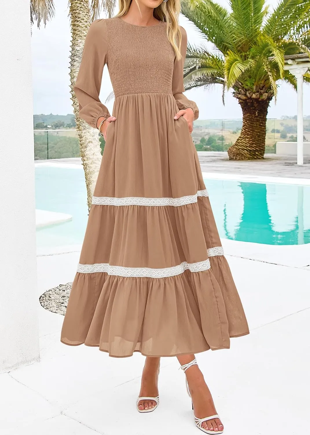 KIRUNDO Womens Smocked Long Sleeve Maxi Dress Wedding Guest Spring Fall Boho Tiered Lace Trim Flowy Long Dresses Pockets