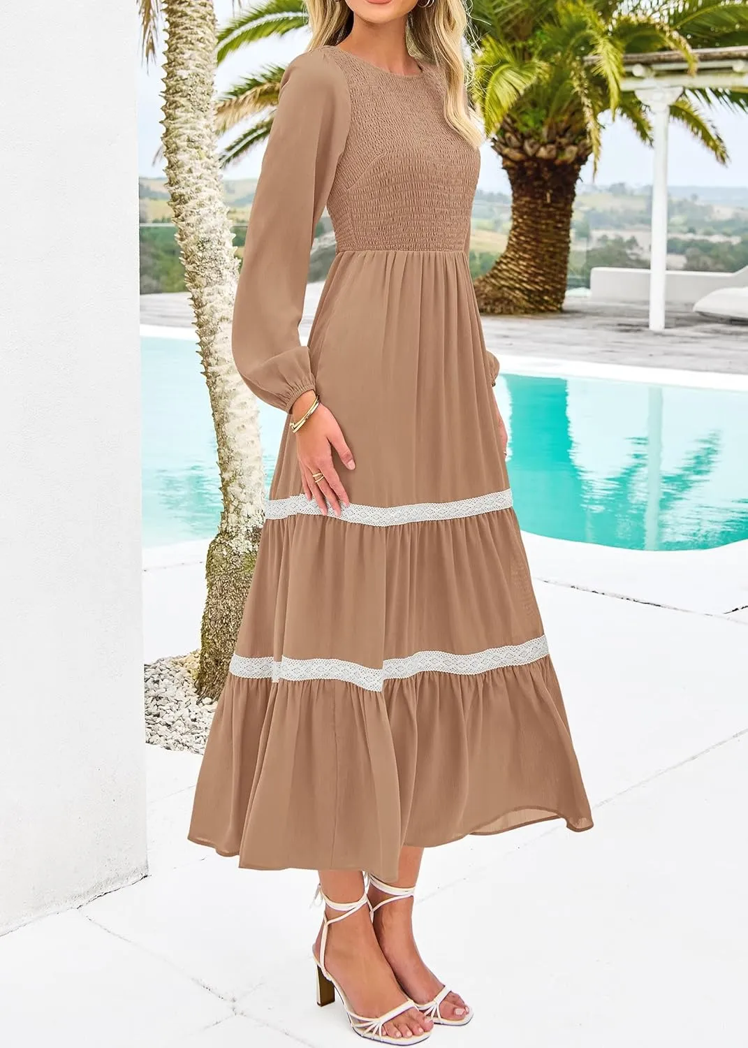 KIRUNDO Womens Smocked Long Sleeve Maxi Dress Wedding Guest Spring Fall Boho Tiered Lace Trim Flowy Long Dresses Pockets