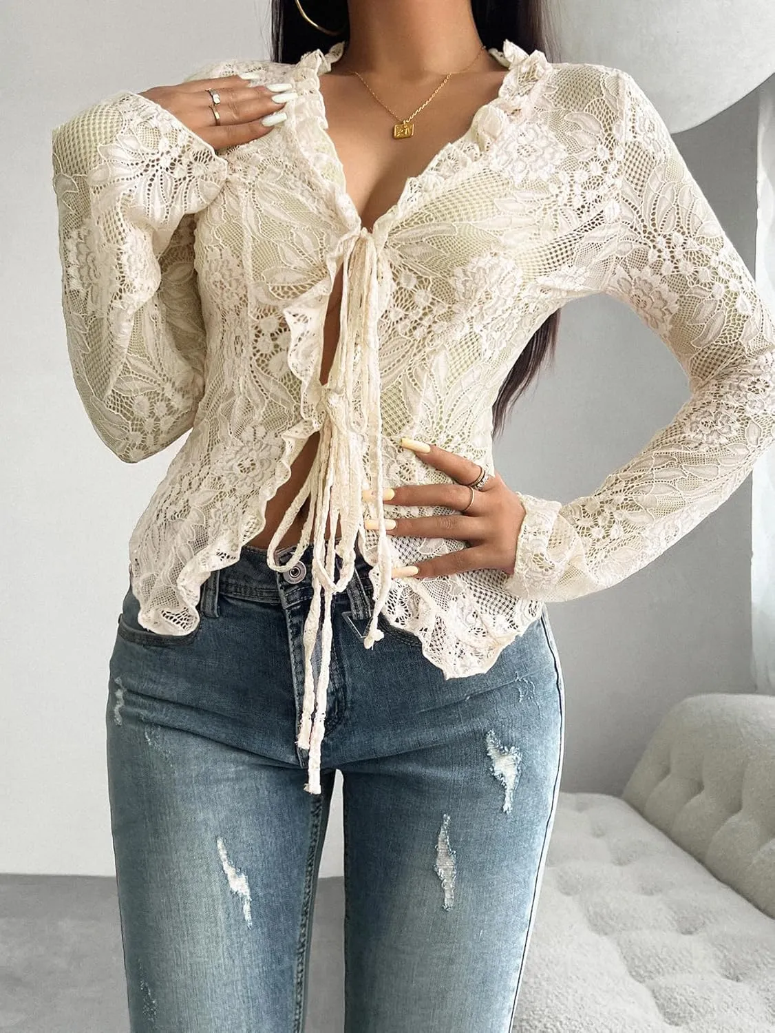 Lace Tops for Women Long Sleeve See Through Sexy Sheer Mesh Crop Top Shirt Open Front Tie Blouse Ruffle for Women