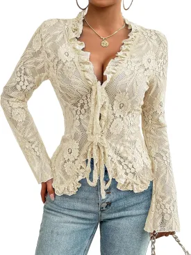 Lace Tops for Women Long Sleeve See Through Sexy Sheer Mesh Crop Top Shirt Open Front Tie Blouse Ruffle for Women