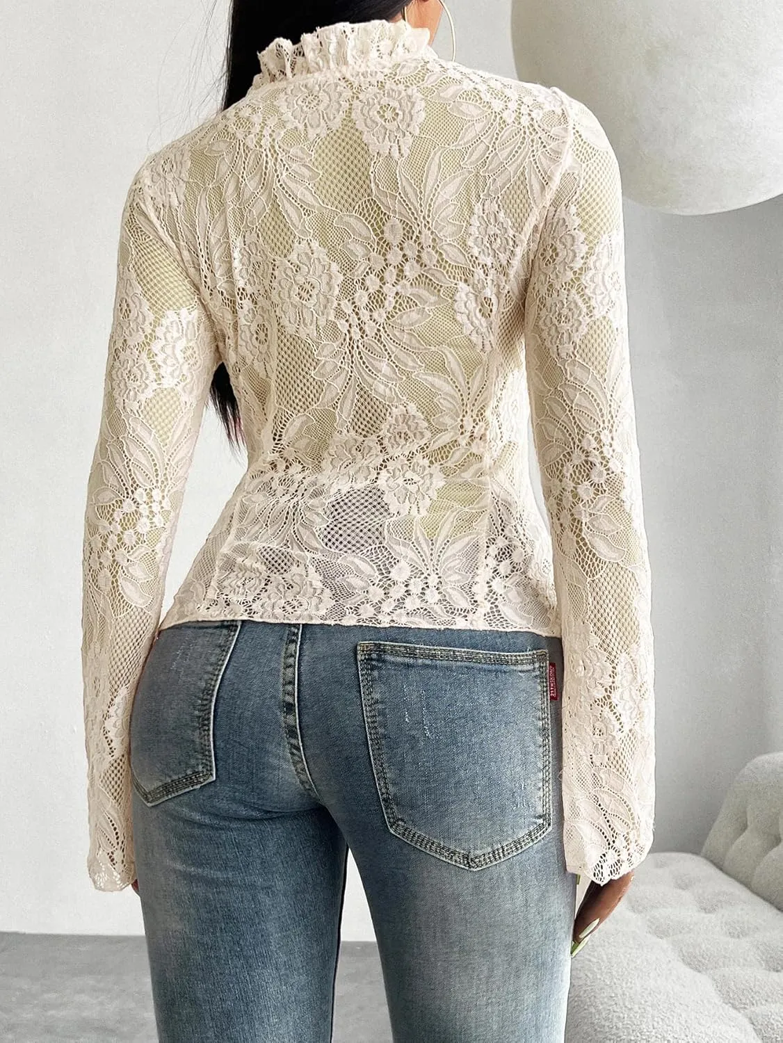 Lace Tops for Women Long Sleeve See Through Sexy Sheer Mesh Crop Top Shirt Open Front Tie Blouse Ruffle for Women