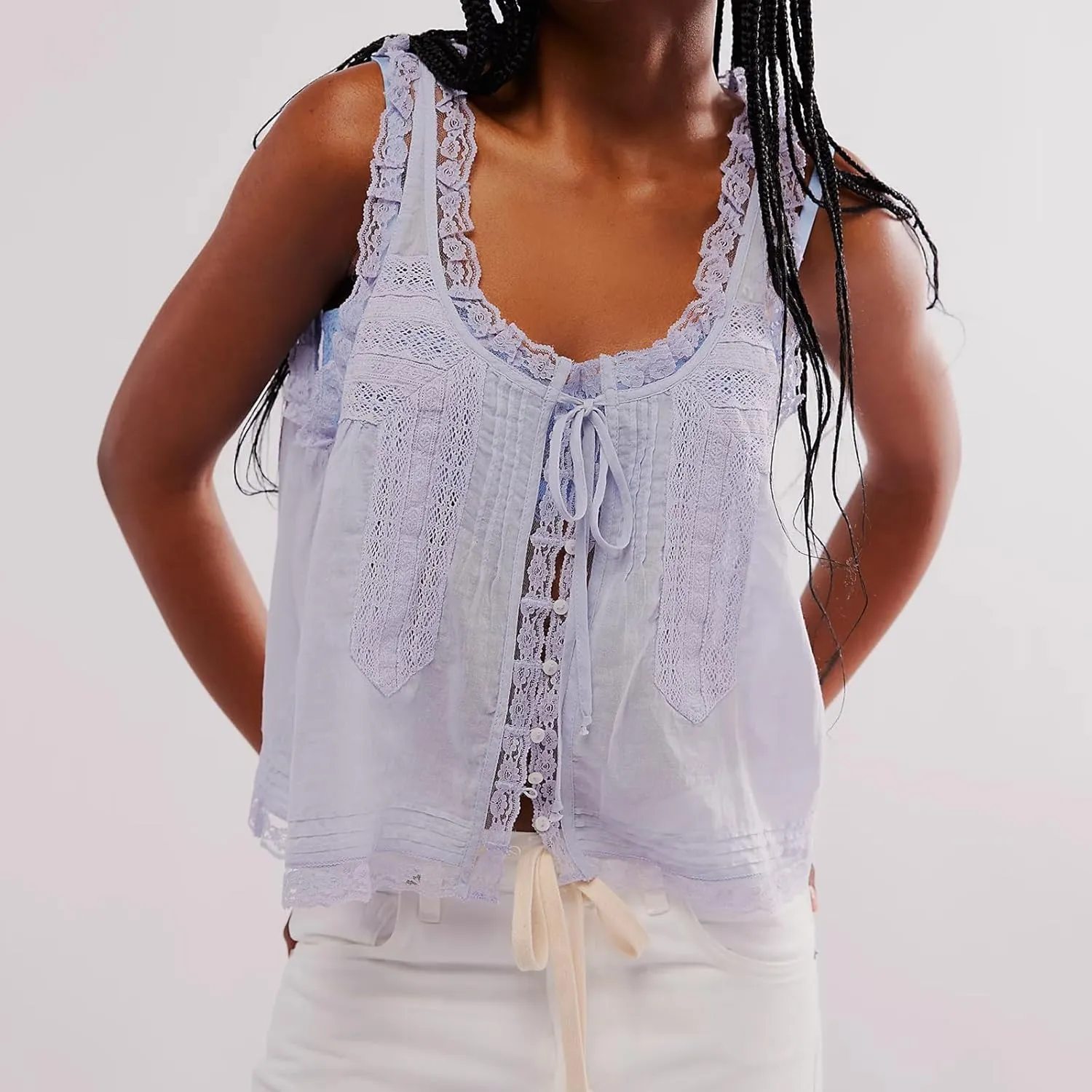 Lace Trim Tank Top for Women Y2K Scoop Neck Sleeveless Front Tie Button Down Crop Shirt Summer Going Out Vest Tops