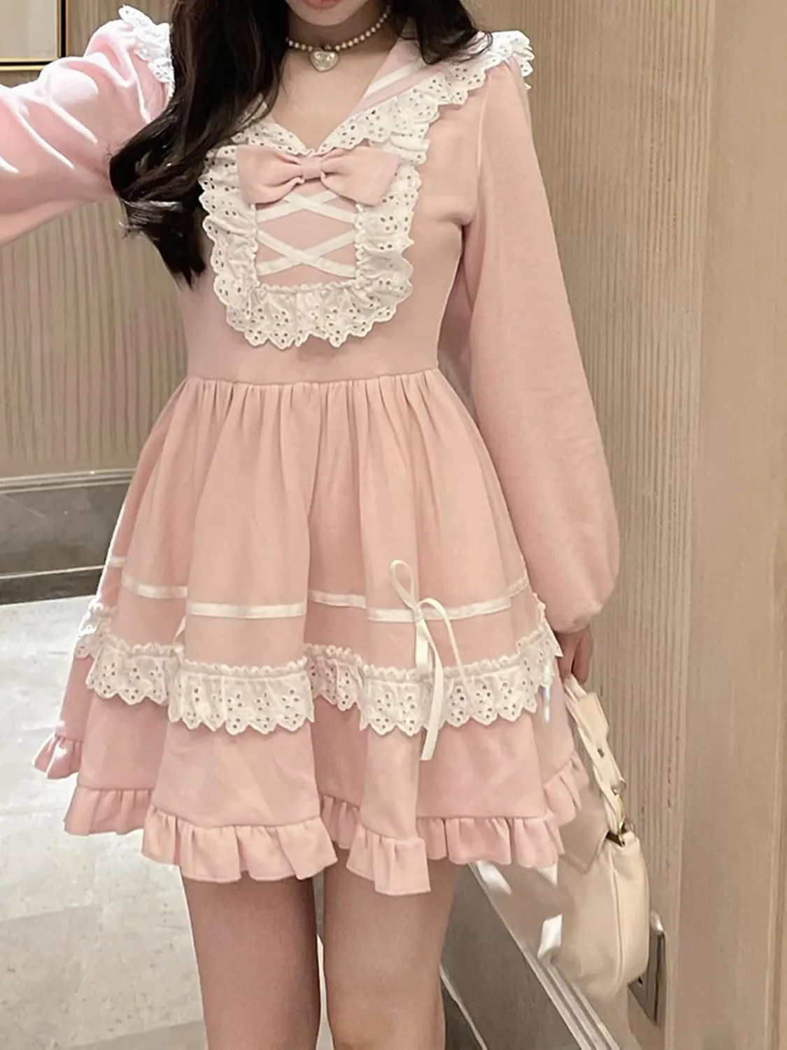 Lolita Kawaii Sailor Dress Teens Fall Casual Cute Lace Bow Long Sleeve High Waist Frilly Hem Party Dresses