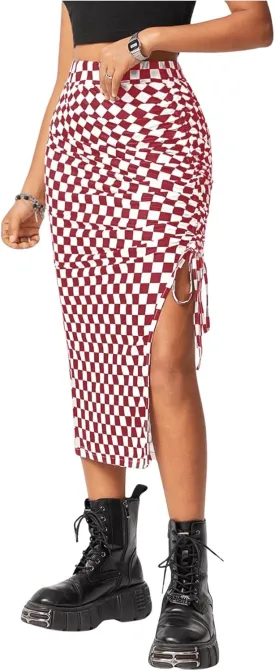 MakeMeChic Women's Zebra Striped Ruched Front Drawstring Side Split Thigh High Waist Midi Skirts