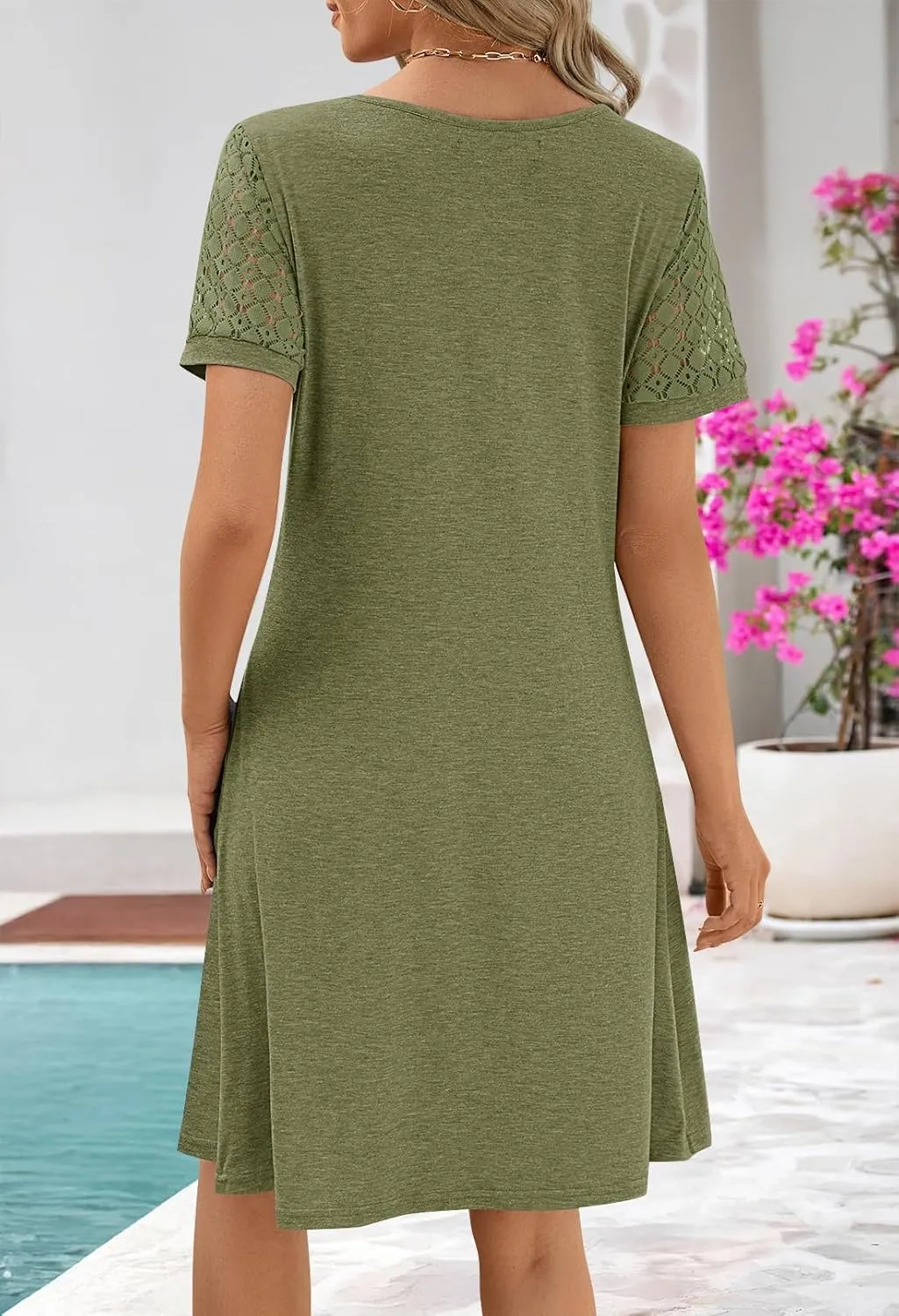 MEROKEETY Women's Summer Short Lace Sleeve T Shirt Dress Casual Crew Neck Pleated Front Shift Dresses