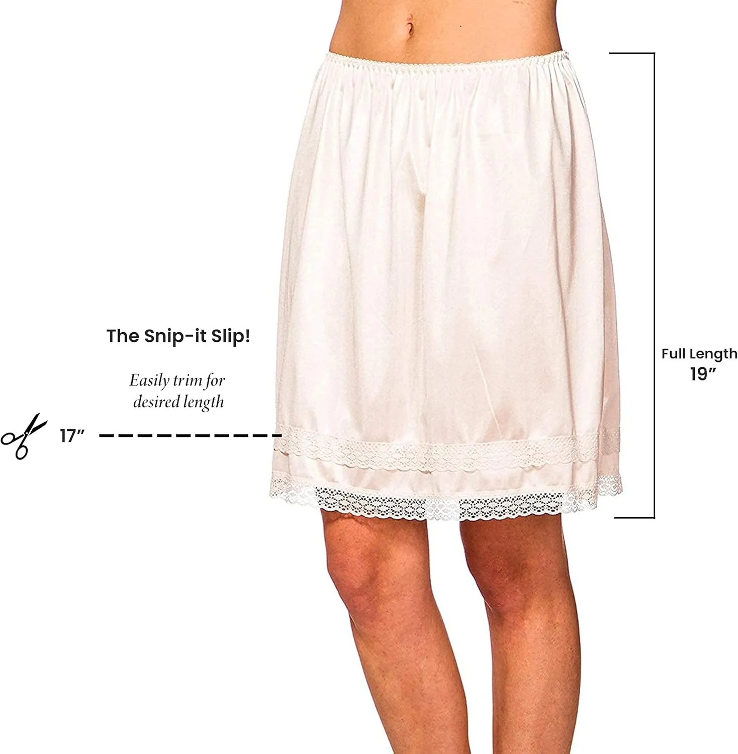 Patricia Lingerie Women's Soft Satin Snip It Half Slip Custom Length Cling Free with Lace Trim, Elastic Waistband