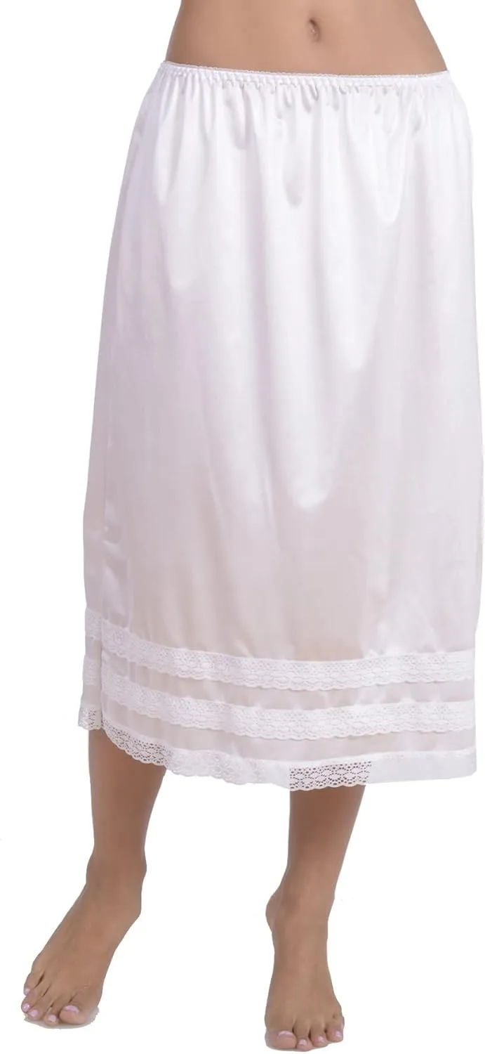 Patricia Lingerie Women's Soft Satin Snip It Half Slip Custom Length Cling Free with Lace Trim, Elastic Waistband