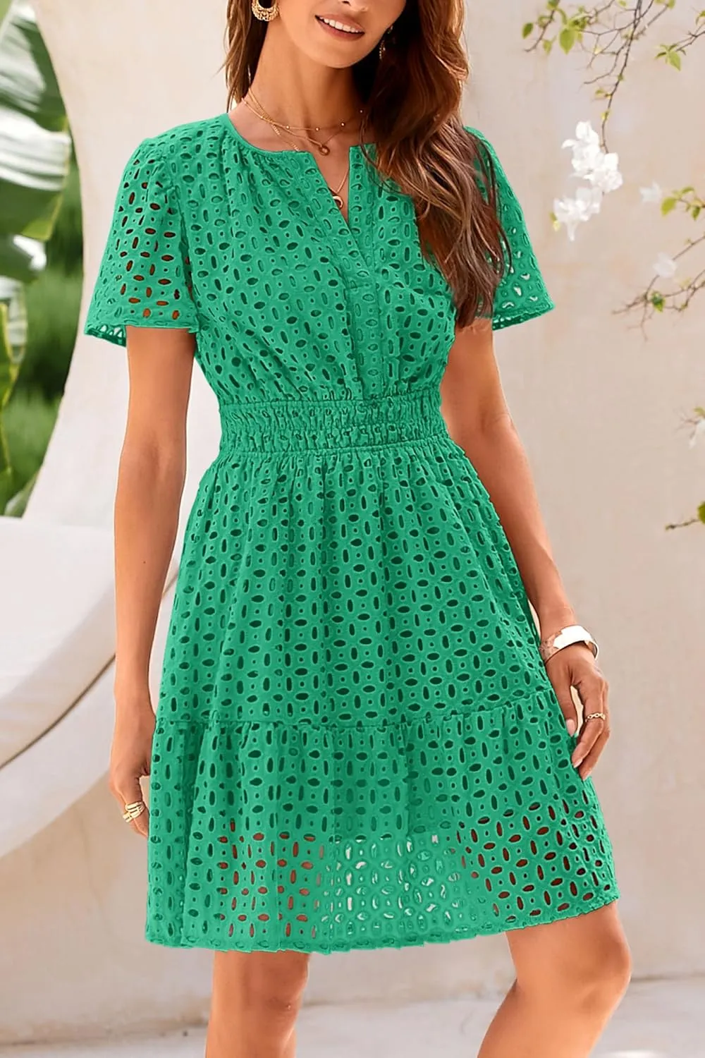 PRETTYGARDEN 2025 Women Summer Short Dress V Neck Short Sleeve A Line Hollow Out Lace Ruffle Cute Casual Beach Party Dresses