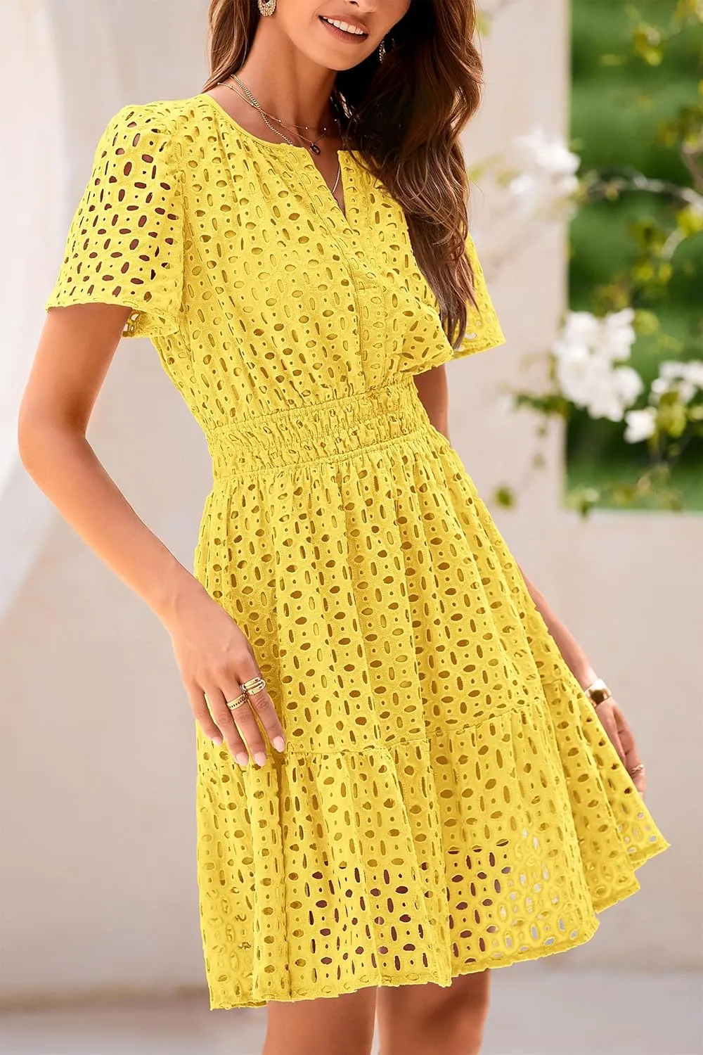 PRETTYGARDEN 2025 Women Summer Short Dress V Neck Short Sleeve A Line Hollow Out Lace Ruffle Cute Casual Beach Party Dresses