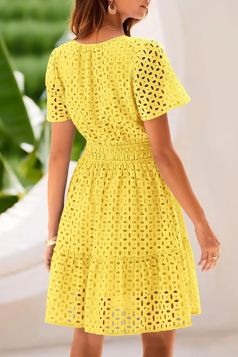 PRETTYGARDEN 2025 Women Summer Short Dress V Neck Short Sleeve A Line Hollow Out Lace Ruffle Cute Casual Beach Party Dresses
