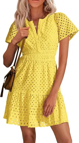 PRETTYGARDEN 2025 Women Summer Short Dress V Neck Short Sleeve A Line Hollow Out Lace Ruffle Cute Casual Beach Party Dresses