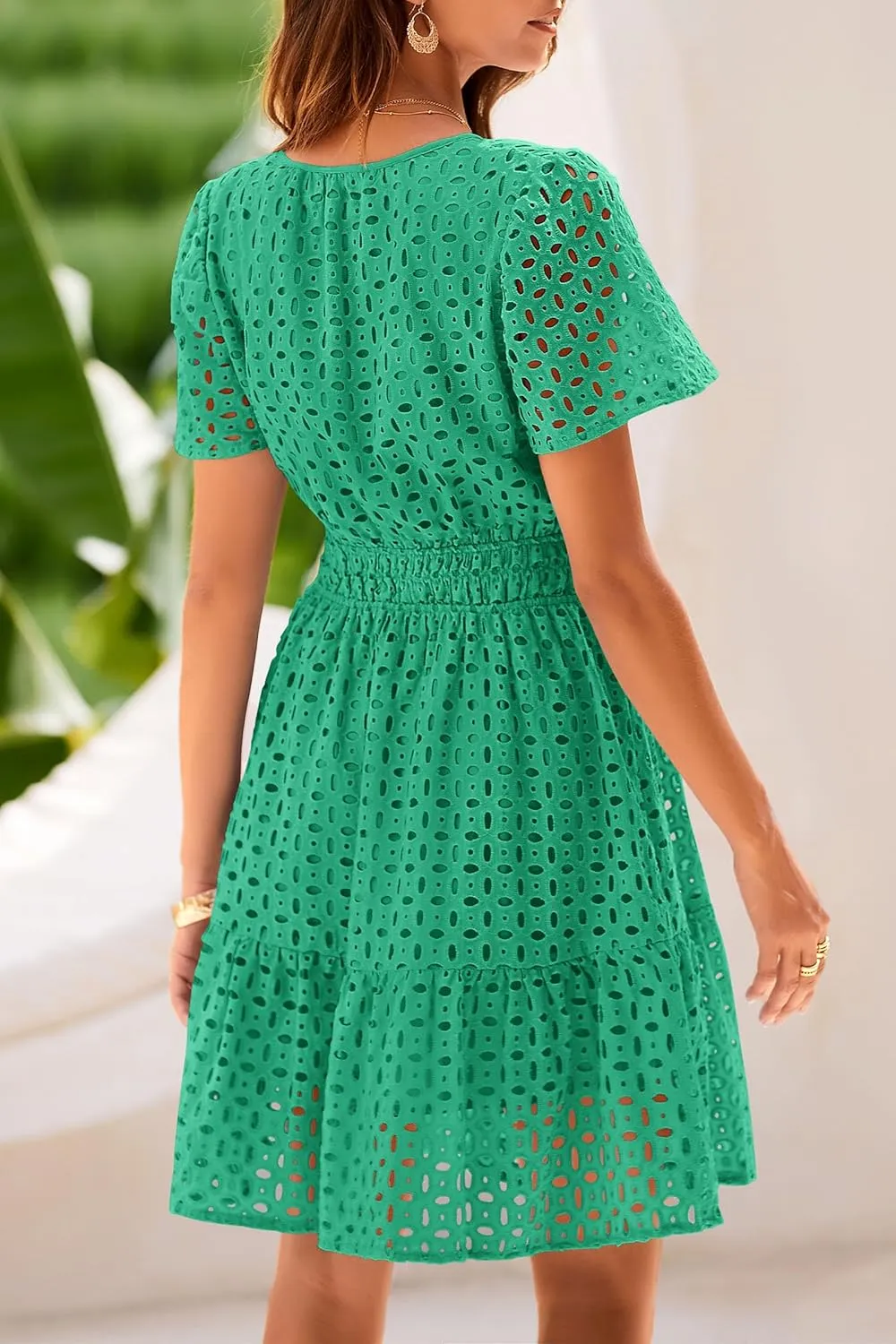 PRETTYGARDEN 2025 Women Summer Short Dress V Neck Short Sleeve A Line Hollow Out Lace Ruffle Cute Casual Beach Party Dresses