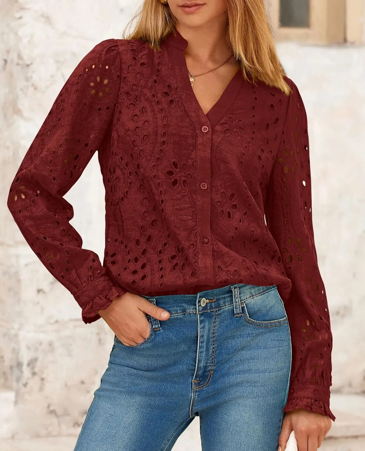 PRETTYGARDEN Women's Eyelet Tops 2025 Spring Dressy Casual Blouses Lace Long Sleeve Button V Neck Shirts