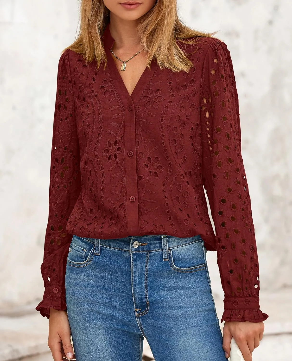PRETTYGARDEN Women's Eyelet Tops 2025 Spring Dressy Casual Blouses Lace Long Sleeve Button V Neck Shirts