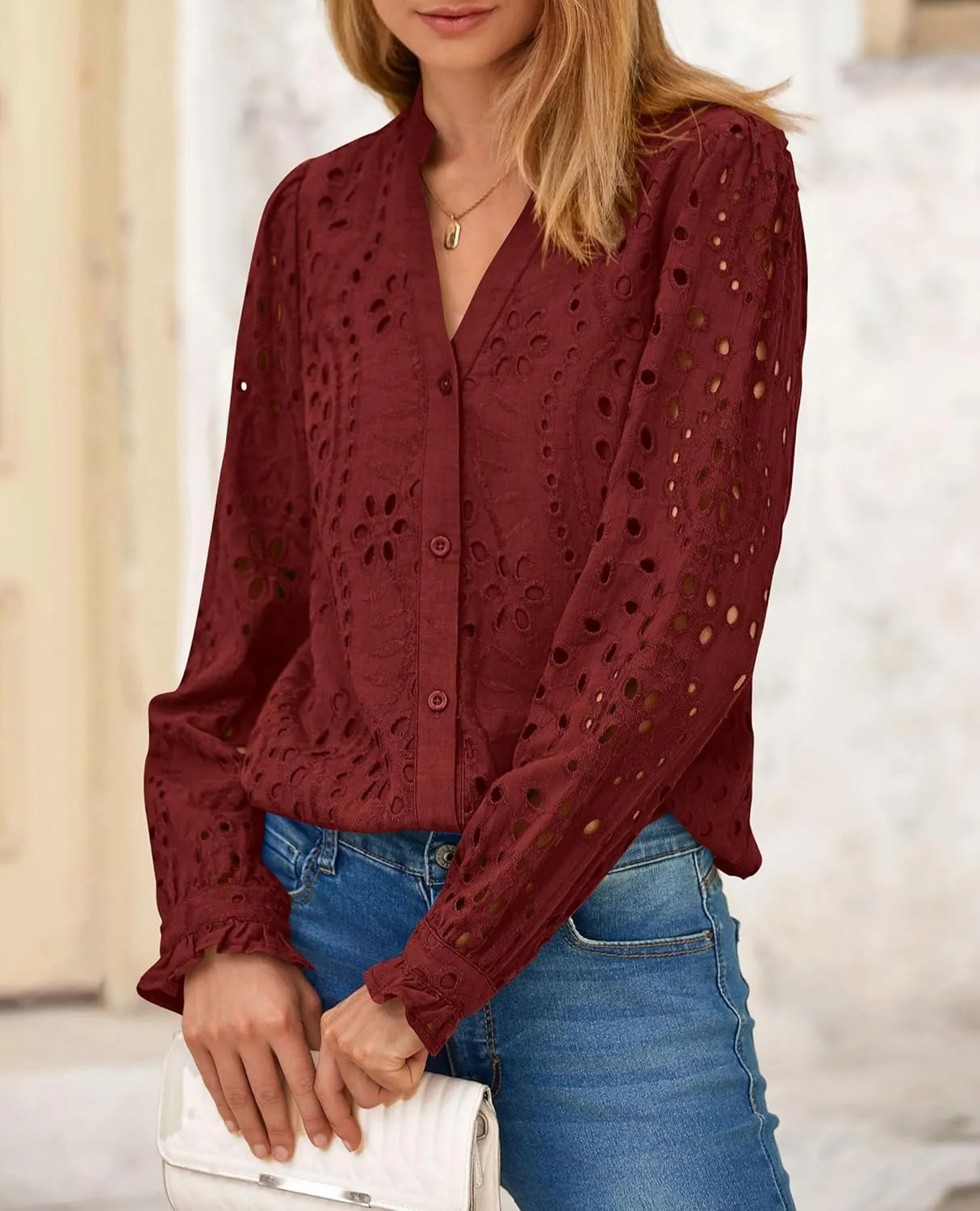 PRETTYGARDEN Women's Eyelet Tops 2025 Spring Dressy Casual Blouses Lace Long Sleeve Button V Neck Shirts