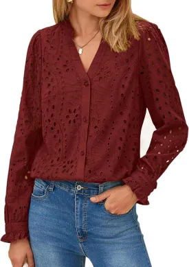 PRETTYGARDEN Women's Eyelet Tops 2025 Spring Dressy Casual Blouses Lace Long Sleeve Button V Neck Shirts