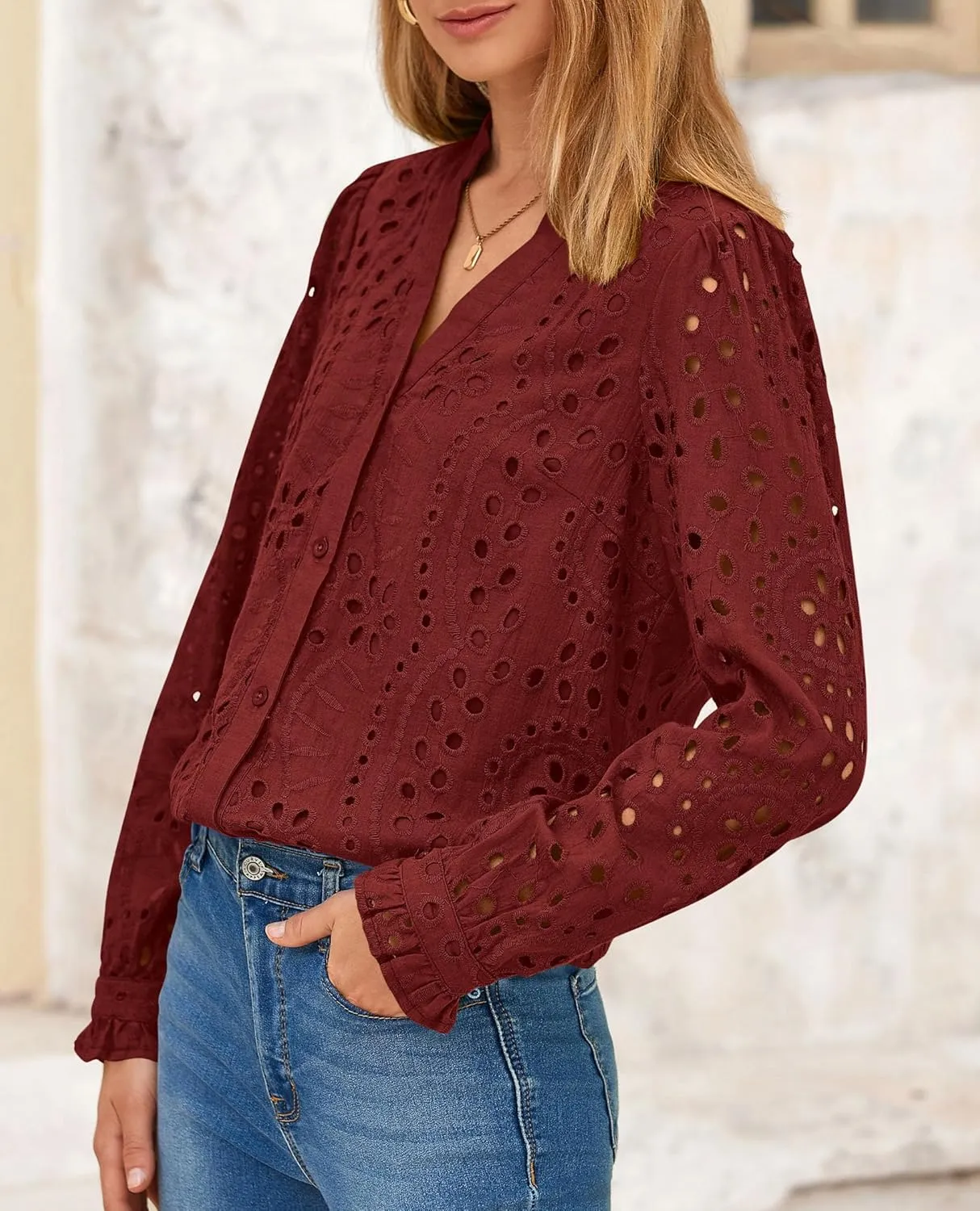 PRETTYGARDEN Women's Eyelet Tops 2025 Spring Dressy Casual Blouses Lace Long Sleeve Button V Neck Shirts