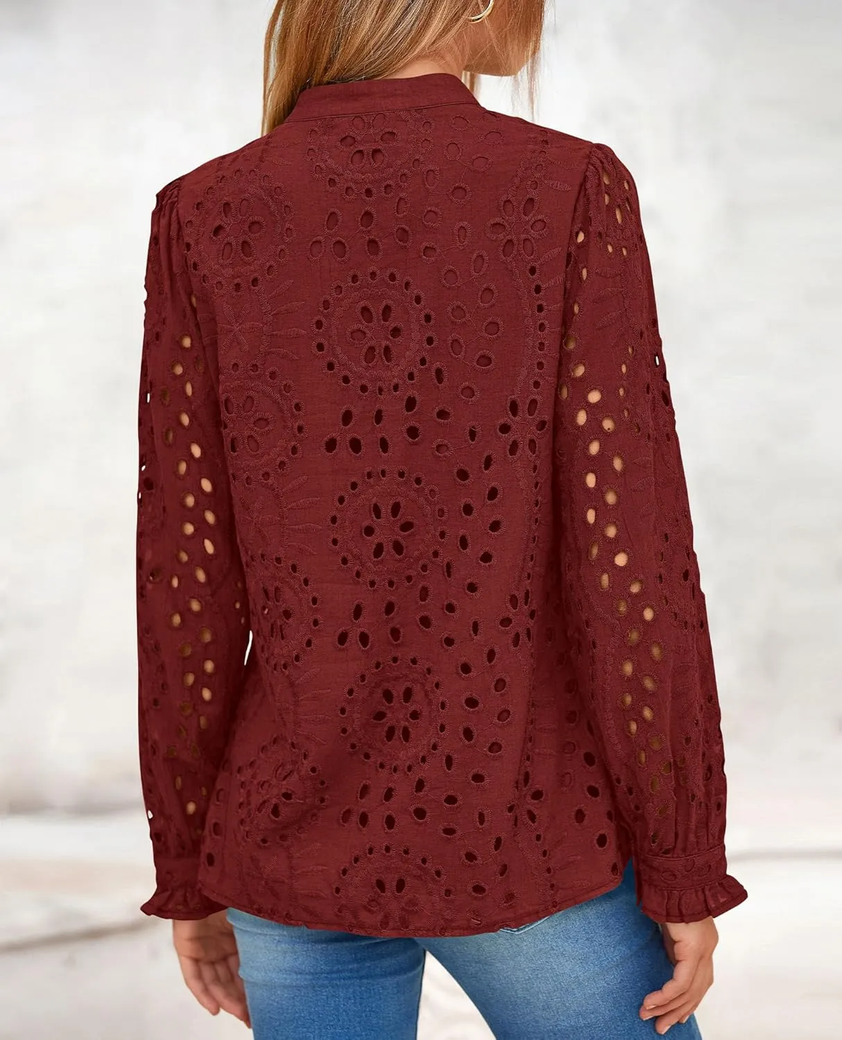 PRETTYGARDEN Women's Eyelet Tops 2025 Spring Dressy Casual Blouses Lace Long Sleeve Button V Neck Shirts