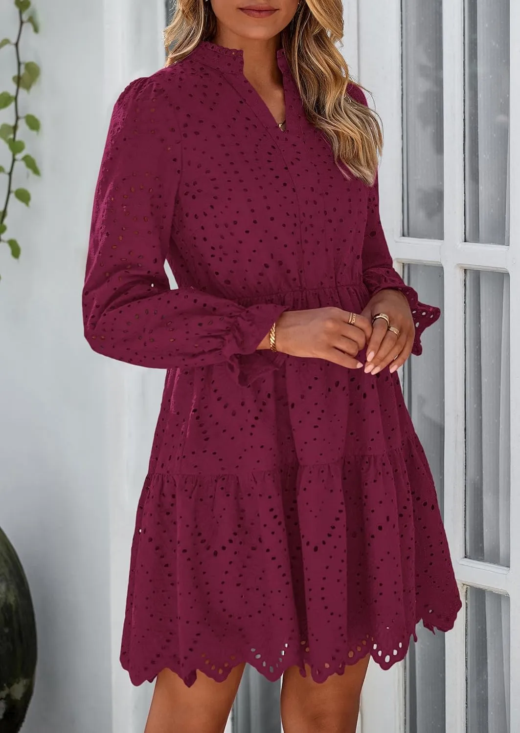 PRETTYGARDEN Women's Spring 2025 Long Puff Sleeve Mini Dress Hollow Out Lace V Neck A Line Ruffle Casual Party Dresses