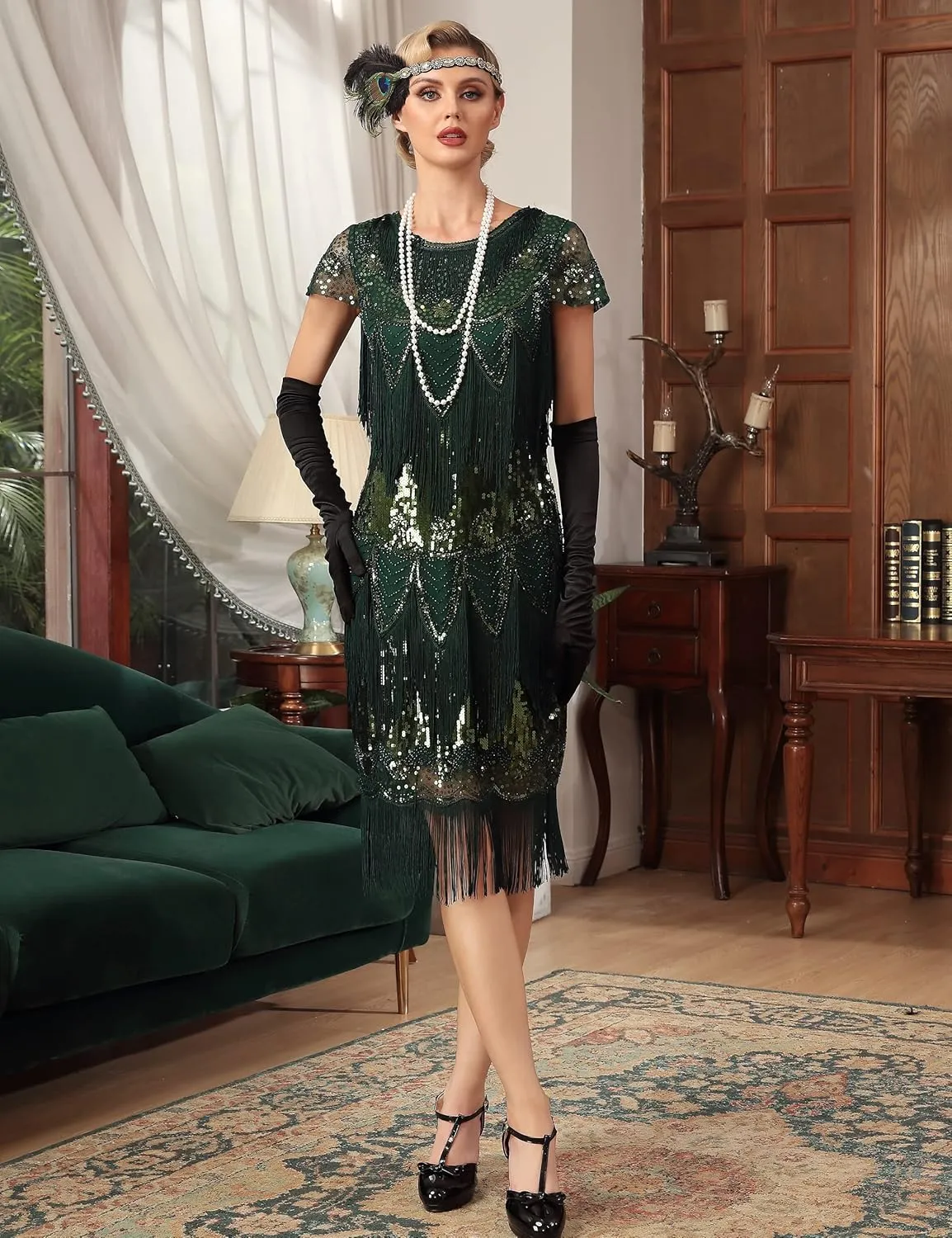 PrettyGuide Womens Flapper Dress with Sleeves Art Deco Sequin Beaded Fringe 1920s Vintage Great Gatsby Party Dress