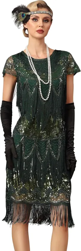 PrettyGuide Womens Flapper Dress with Sleeves Art Deco Sequin Beaded Fringe 1920s Vintage Great Gatsby Party Dress